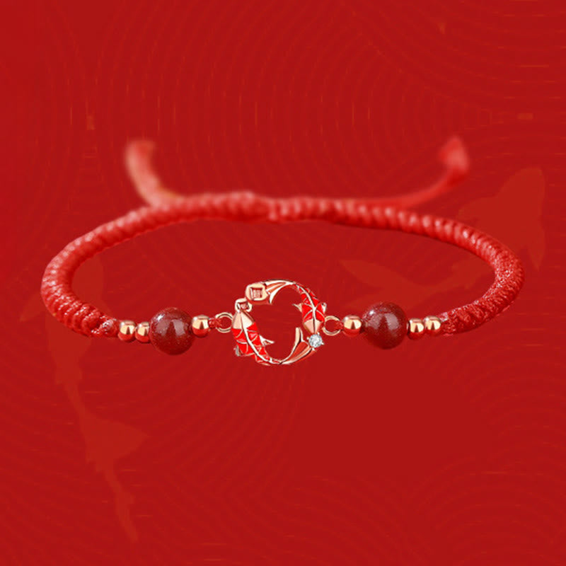 Bracelet en argent sterling 925 plaqué or 18 carats avec motif de carpe koï et cordon rouge cinabre, orné de Buddha Stones. - image 1