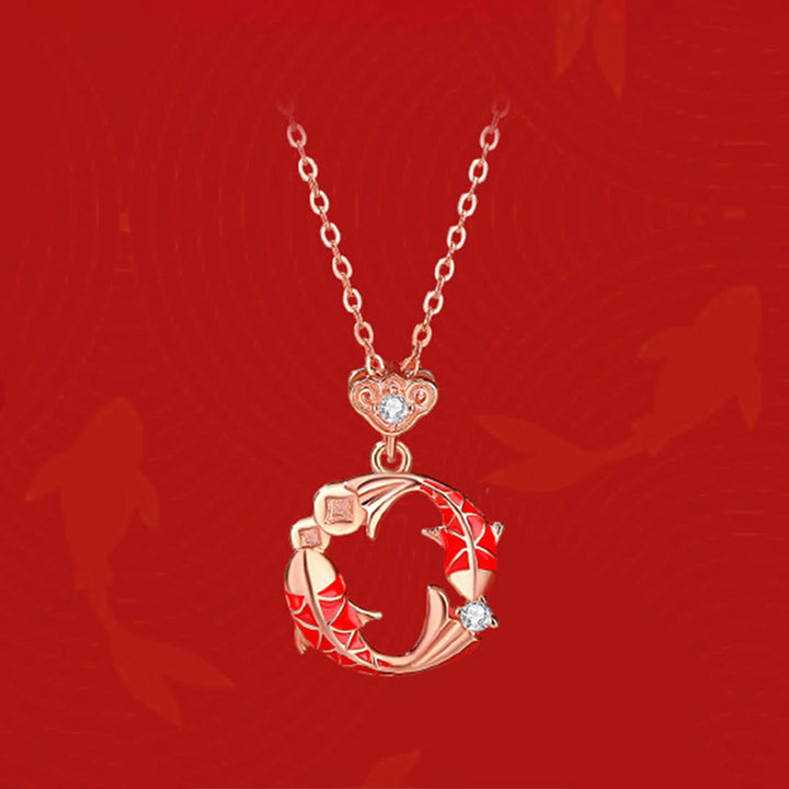 Collier pendentif double carpe koï en argent sterling 925 plaqué or 18 carats et pierres de Buddha Stones - image 1