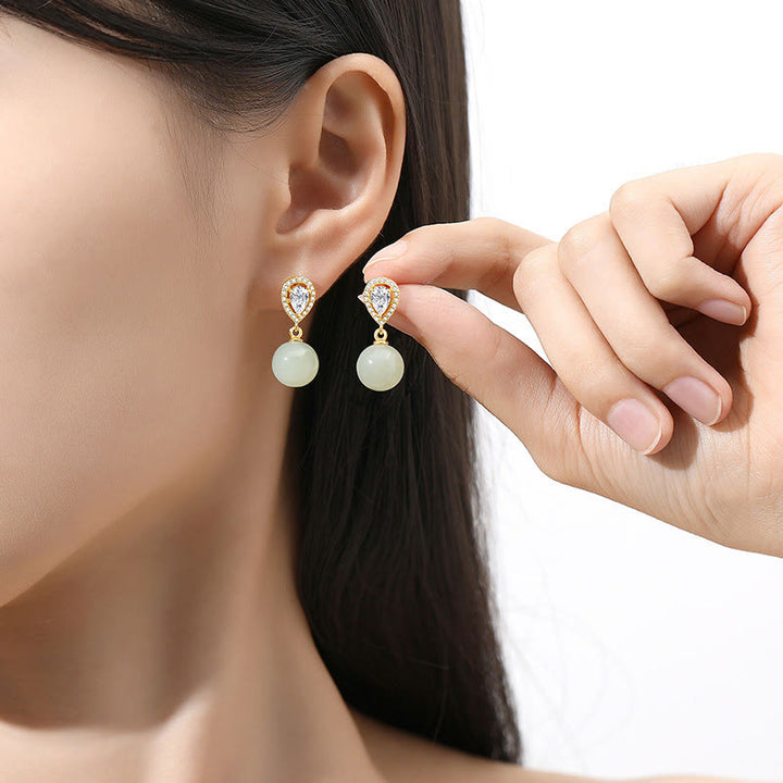 Buddha Stones Boucles d'oreilles en argent sterling 925 avec perle de jade Hetian et motif goutte d'eau, symbole de prospérité - image 6