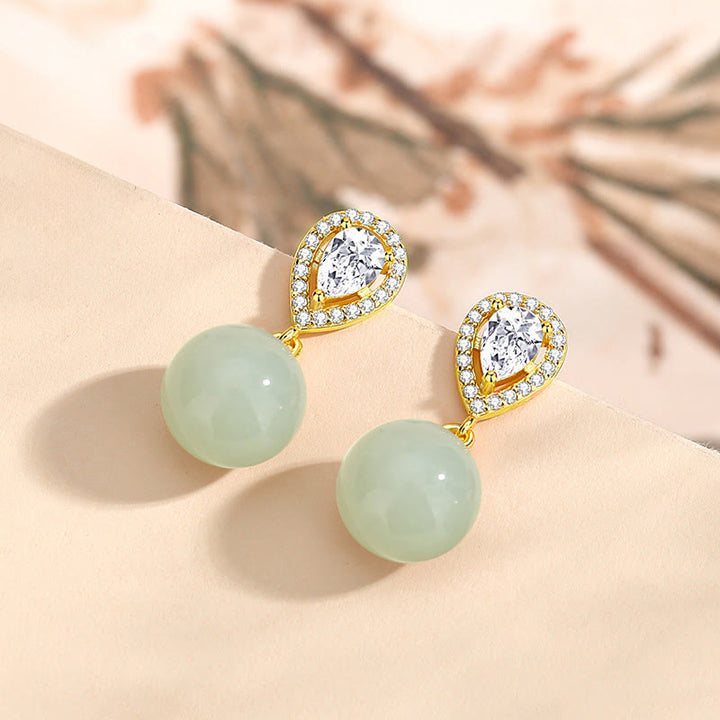 Buddha Stones Boucles d'oreilles en argent sterling 925 avec perle de jade Hetian et motif goutte d'eau, symbole de prospérité - image 2