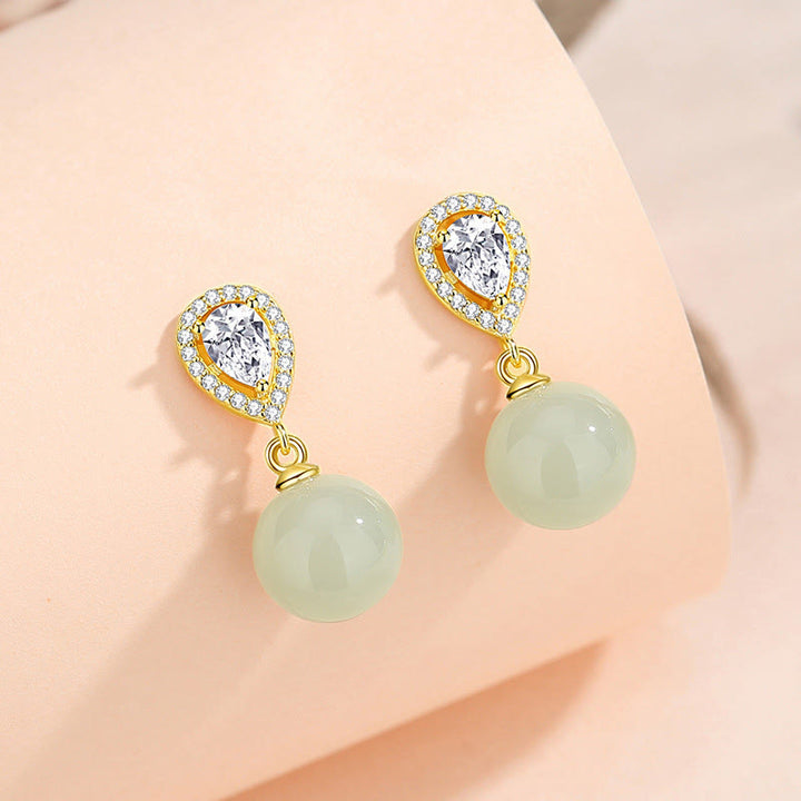 Buddha Stones Boucles d'oreilles en argent sterling 925 avec perle de jade Hetian et motif goutte d'eau, symbole de prospérité - Jade Hetian Argent sterling 925 - image 1