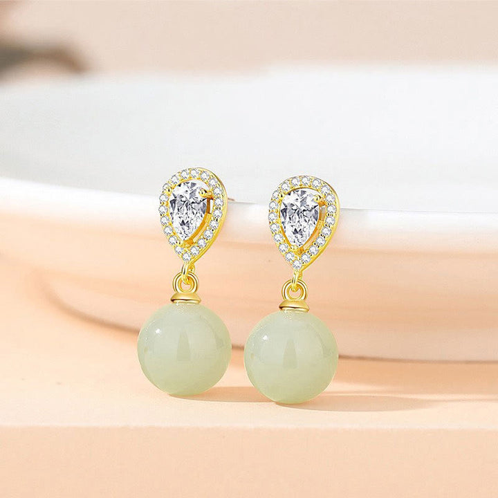 Buddha Stones Boucles d'oreilles en argent sterling 925 avec perle de jade Hetian et motif goutte d'eau, symbole de prospérité - image 3
