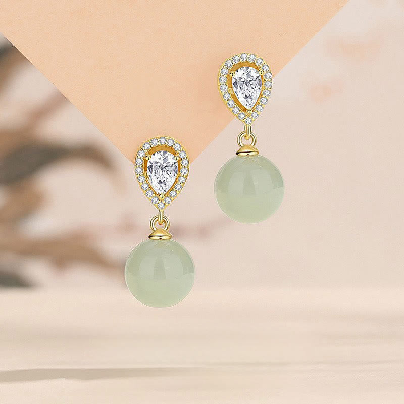 Buddha Stones Boucles d'oreilles en argent sterling 925 avec perle de jade Hetian et motif goutte d'eau, symbole de prospérité - image 0