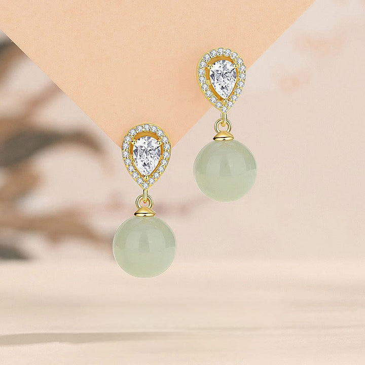 Buddha Stones Boucles d'oreilles en argent sterling 925 avec perle de jade Hetian et motif goutte d'eau, symbole de prospérité - image 0