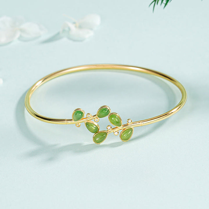 Bracelet jonc de protection en jaspe vert gravé de feuilles et orné de Buddha Stones, en argent sterling 925. - image 0