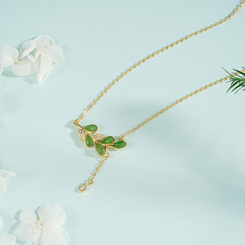 Collier de protection en jaspe vert, orné de feuilles et de pompons, avec Buddha Stones et argent sterling 925. - Collier en argent sterling 925 - image 1