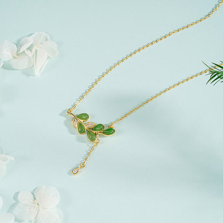 Collier de protection en jaspe vert, orné de feuilles et de pompons, avec Buddha Stones et argent sterling 925. - Collier en argent sterling 925 - image 1