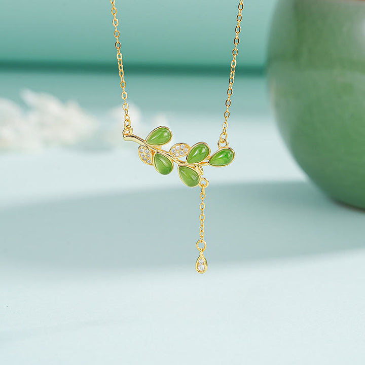 Collier de protection en jaspe vert, orné de feuilles et de pompons, avec Buddha Stones et argent sterling 925. - image 0