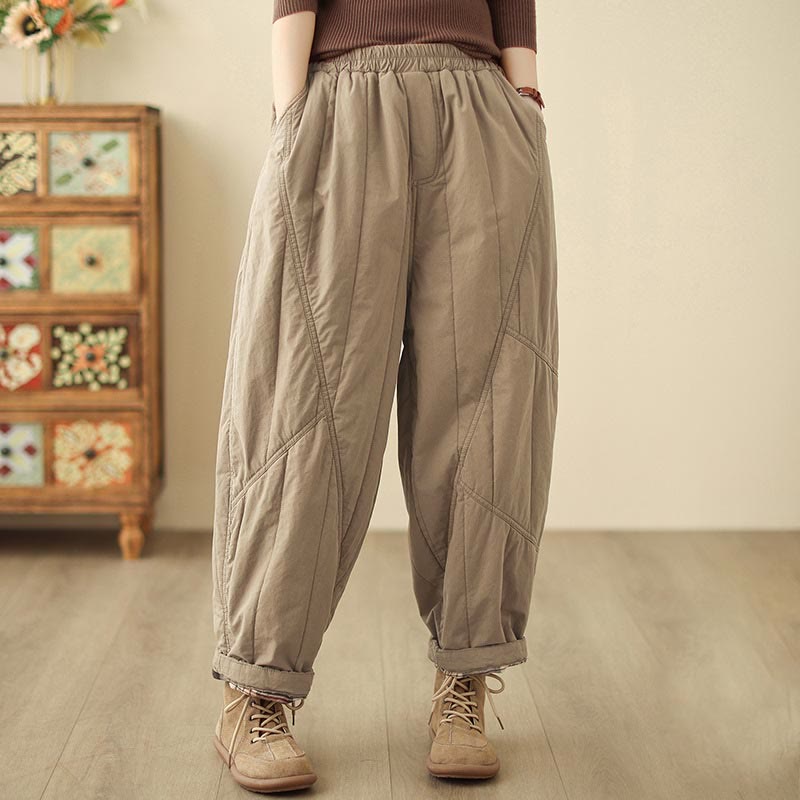 Pantalon harem thermique à taille haute en coton uni Buddha Stones pour femme, avec poches et poches - image 0