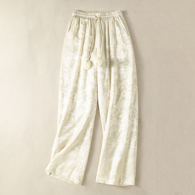 Pantalon thermique épais à taille haute et jambes larges pour femme, motif jacquard de Buddha Stones, avec poches - Beige - US8-10，UK/AU12-14，EU40-42 (2XL) - image 0