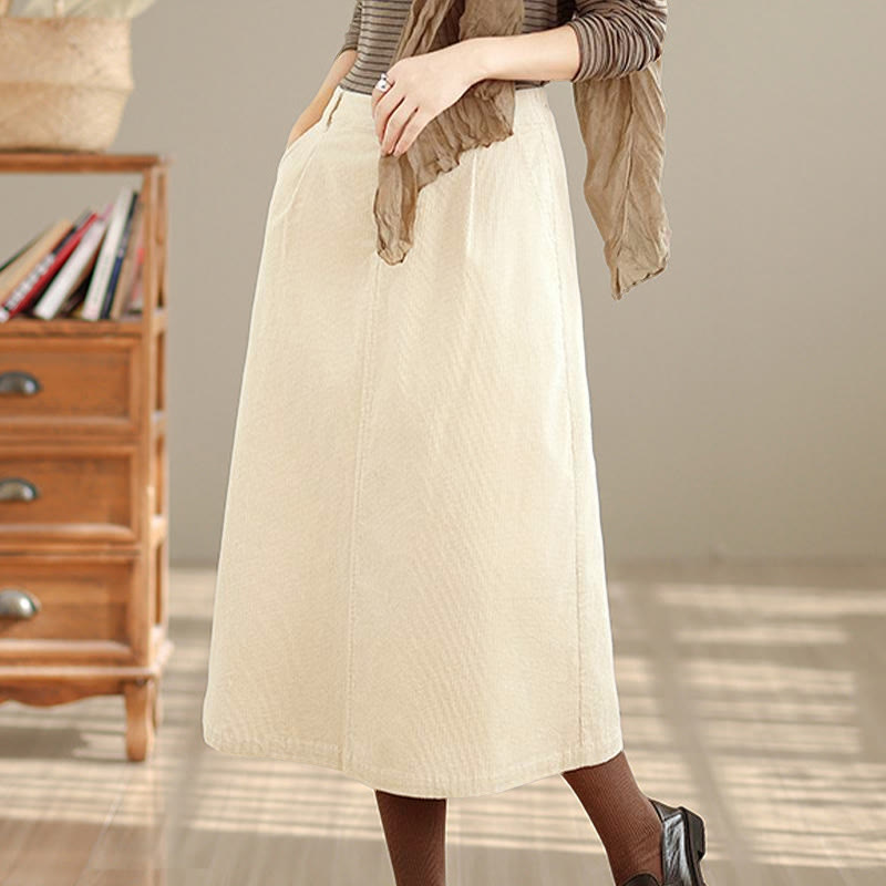 Jupe en velours côtelé pour femme, longueur 7-8, couleur unie, taille élastique, avec poches , Buddha Stones - image 10