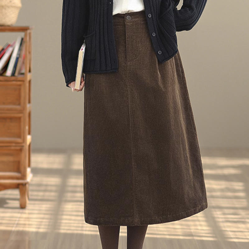 Jupe en velours côtelé pour femme, longueur 7-8, couleur unie, taille élastique, avec poches , Buddha Stones - image 4