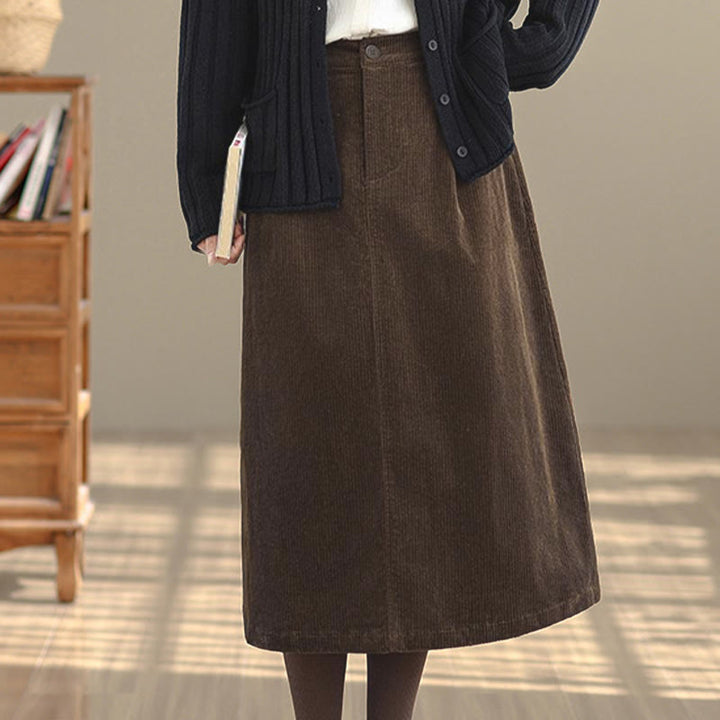 Jupe en velours côtelé pour femme, longueur 7-8, couleur unie, taille élastique, avec poches , Buddha Stones - image 4