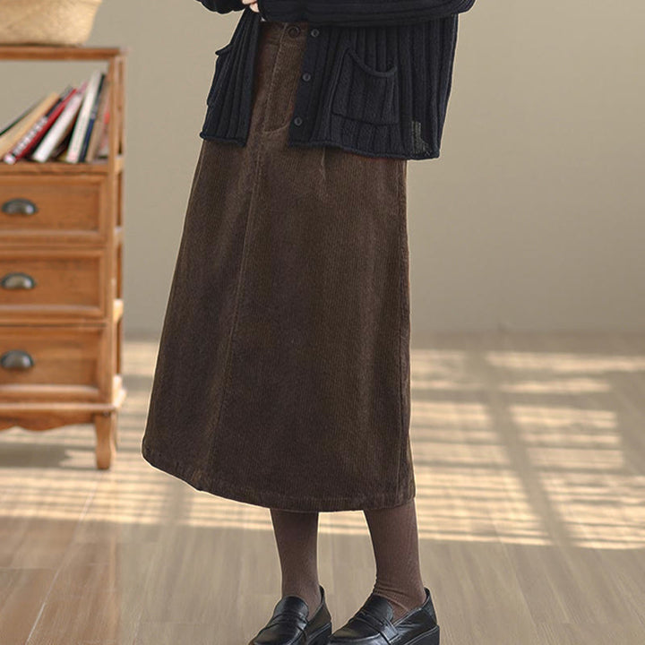 Jupe en velours côtelé pour femme, longueur 7-8, couleur unie, taille élastique, avec poches , Buddha Stones - image 3