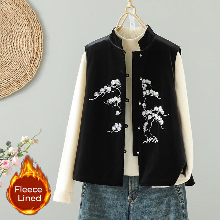 Gilet sans manches pour femme avec motif de broderie de fleurs blanches et de Buddha Stones - Noir - US8-10，UK/AU12-14，EU40-42 (2XL) - image 0