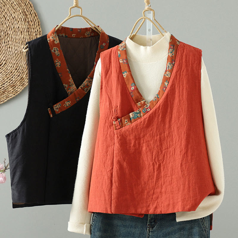 Gilet sans manches pour femme, motif fleurs et Buddha Stones , col en V, fermeture à brandebourgs - image 1