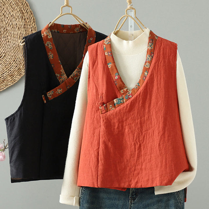 Gilet sans manches pour femme, motif fleurs et Buddha Stones , col en V, fermeture à brandebourgs - image 1