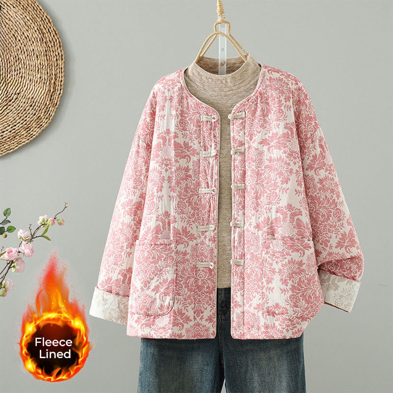 Veste thermique à manches longues pour femme Buddha Stones, ornée de pivoines, avec boutons grenouille et poches. - Saumon - US8-10，UK/AU12-14，EU40-42 (2XL) - image 0