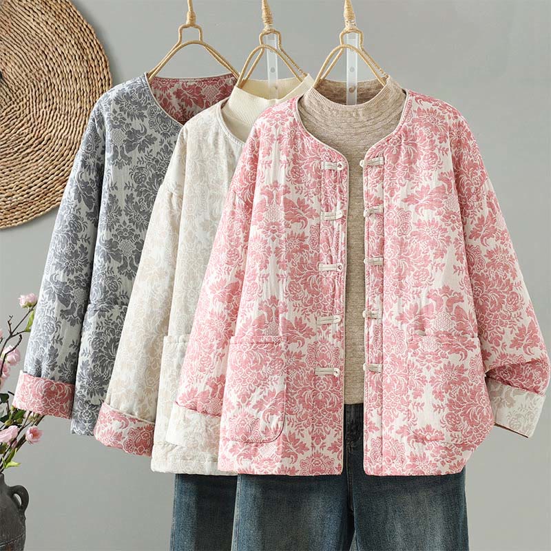 Veste thermique à manches longues pour femme Buddha Stones, ornée de pivoines, avec boutons grenouille et poches. - image 1