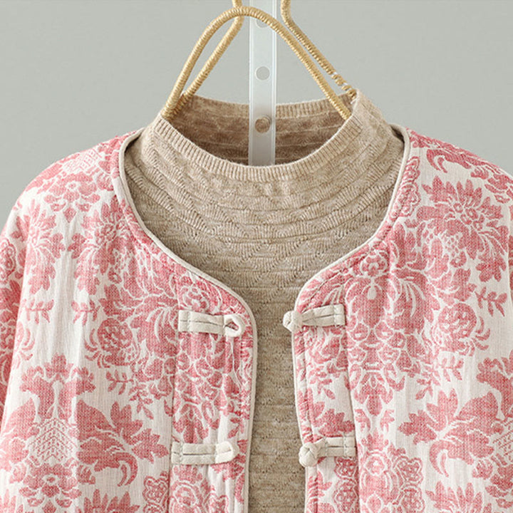 Veste thermique à manches longues pour femme Buddha Stones, ornée de pivoines, avec boutons grenouille et poches. - image 3