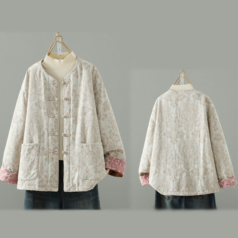 Veste thermique à manches longues pour femme Buddha Stones, ornée de pivoines, avec boutons grenouille et poches. - image 21
