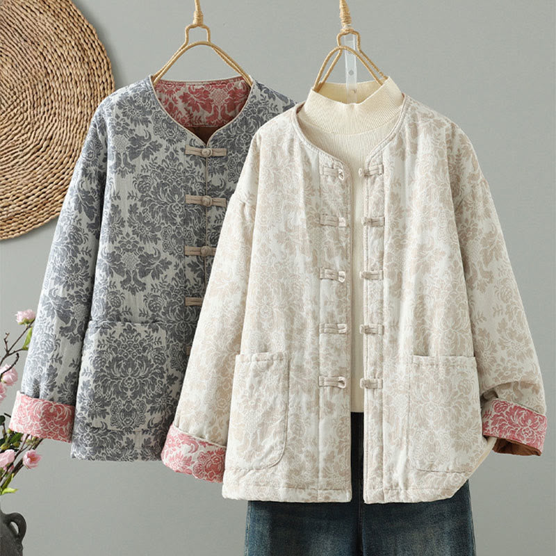 Veste thermique à manches longues pour femme Buddha Stones, ornée de pivoines, avec boutons grenouille et poches. - image 27