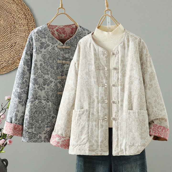 Veste thermique à manches longues pour femme Buddha Stones, ornée de pivoines, avec boutons grenouille et poches. - image 27