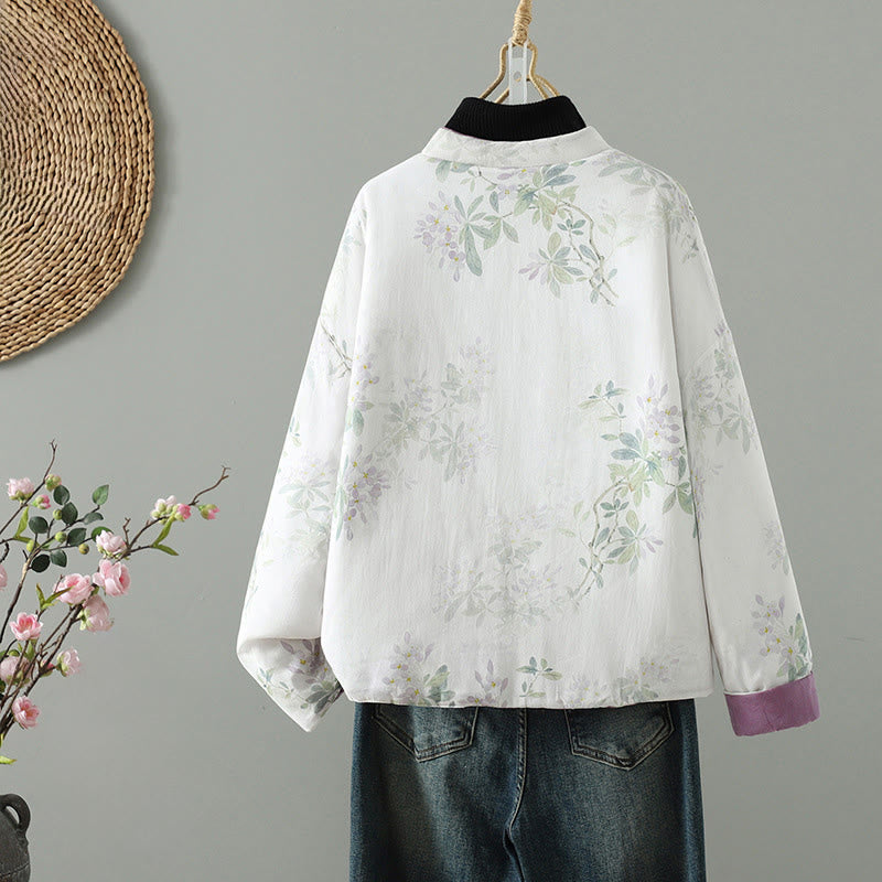 Veste thermique à manches longues pour femme Buddha Stones, motif fleurs et feuilles violettes, fermeture à boutons grenouille - image 1