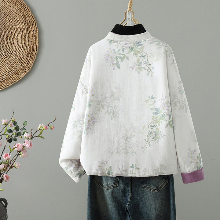 Veste thermique à manches longues pour femme Buddha Stones, motif fleurs et feuilles violettes, fermeture à boutons grenouille - image 1