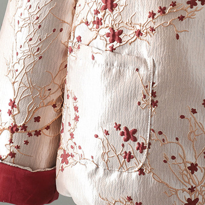 Veste thermique à manches longues pour femme avec poches, ornée de Buddha Stones, de fleurs rouges et de boutons en forme de vigne. - image 9