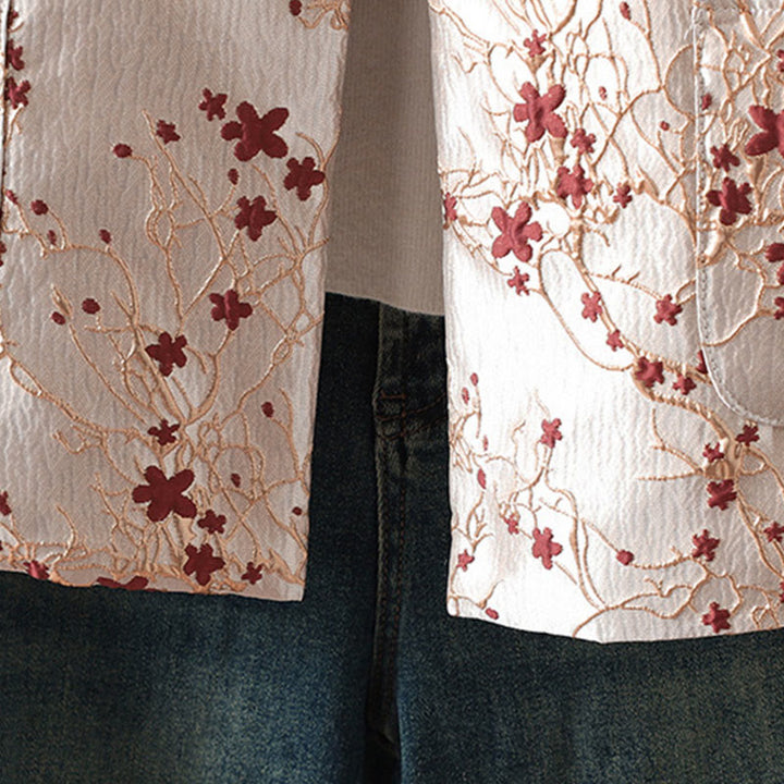 Veste thermique à manches longues pour femme avec poches, ornée de Buddha Stones, de fleurs rouges et de boutons en forme de vigne. - image 6