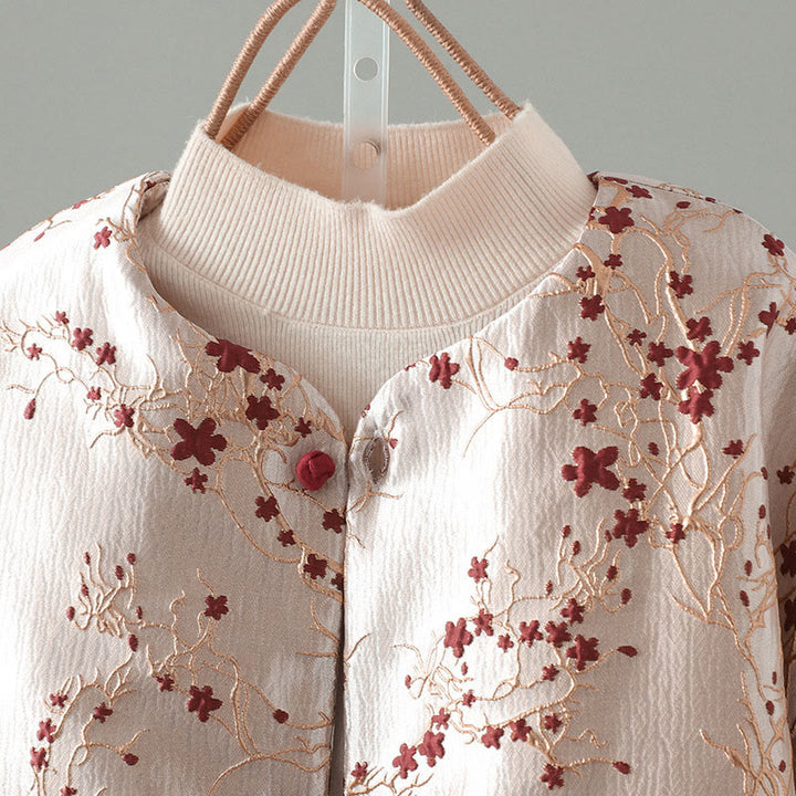 Veste thermique à manches longues pour femme avec poches, ornée de Buddha Stones, de fleurs rouges et de boutons en forme de vigne. - image 2