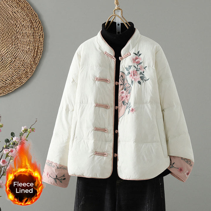 Veste thermique femme à manches longues avec poches, broderie de fleurs de pêcher et Buddha Stones - Blanc - US8-10，UK/AU12-14，EU40-42 (2XL) - image 15