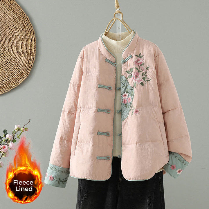 Veste thermique femme à manches longues avec poches, broderie de fleurs de pêcher et Buddha Stones - Rose - US8-10，UK/AU12-14，EU40-42 (2XL) - image 1