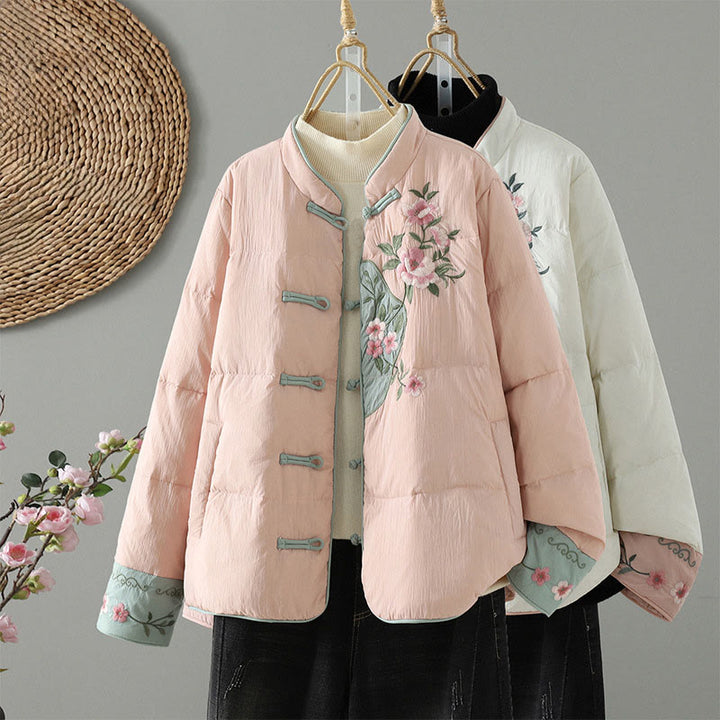 Veste thermique femme à manches longues avec poches, broderie de fleurs de pêcher et Buddha Stones - image 0