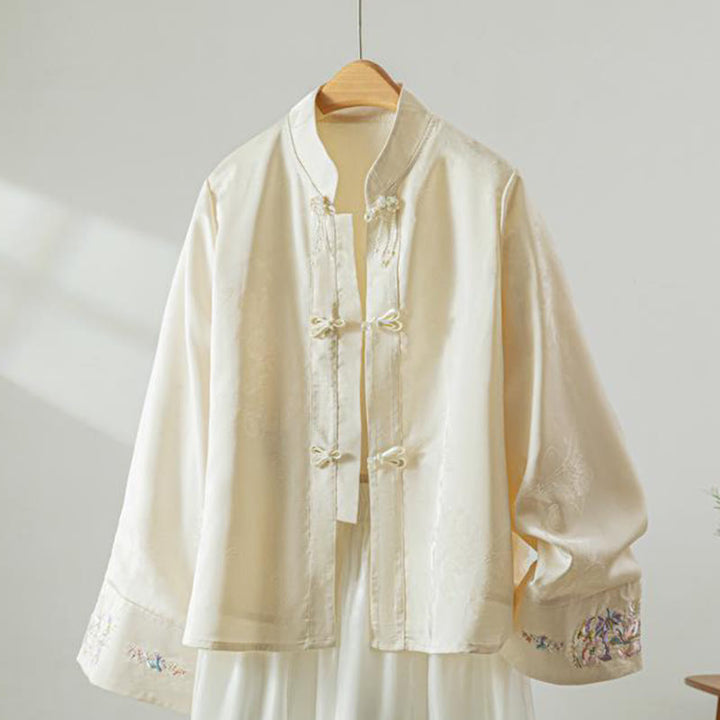 Veste à manches longues pour femme avec broderie de fleurs d'automne et boutons grenouille, ornée de Buddha Stones - Lin - US8-10，UK/AU12-14，EU40-42 (2XL) - image 0