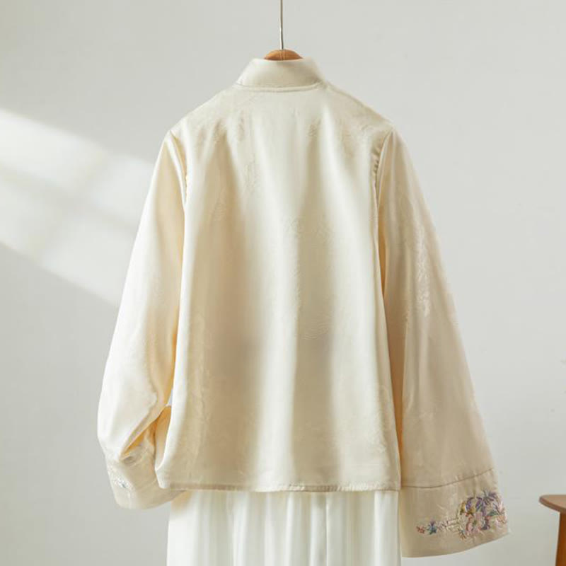 Veste à manches longues pour femme avec broderie de fleurs d'automne et boutons grenouille, ornée de Buddha Stones - image 1