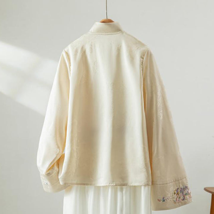 Veste à manches longues pour femme avec broderie de fleurs d'automne et boutons grenouille, ornée de Buddha Stones - image 1