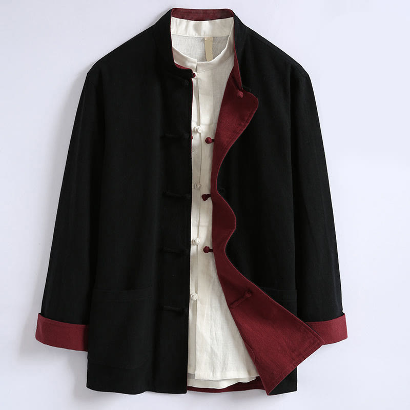 Veste réversible chinoise à manches longues en coton avec boutons grenouille, motif Buddha Stones - Noir - US/UK/AU44，EU54 (5XL) - image 3