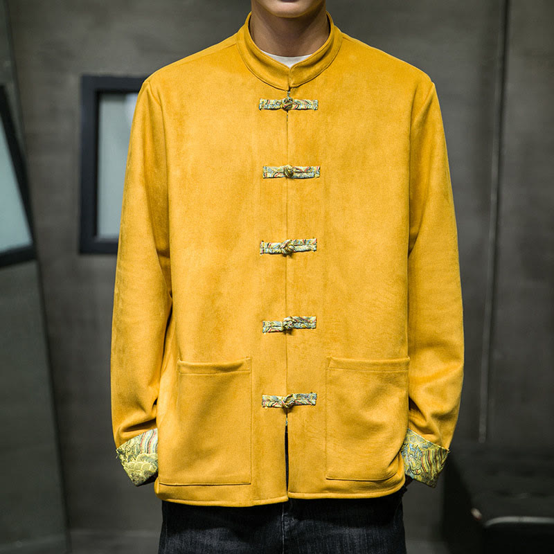 Veste en daim et coton à manches longues pour homme, motif vagues d'automne et Buddha Stones, avec poches et boutons grenouille - Or - US/UK/AU42，EU52 (3XL) - image 0