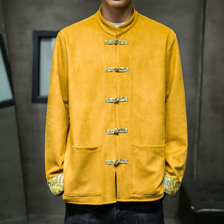 Veste en daim et coton à manches longues pour homme, motif vagues d'automne et Buddha Stones, avec poches et boutons grenouille - Or - US/UK/AU42，EU52 (3XL) - image 0