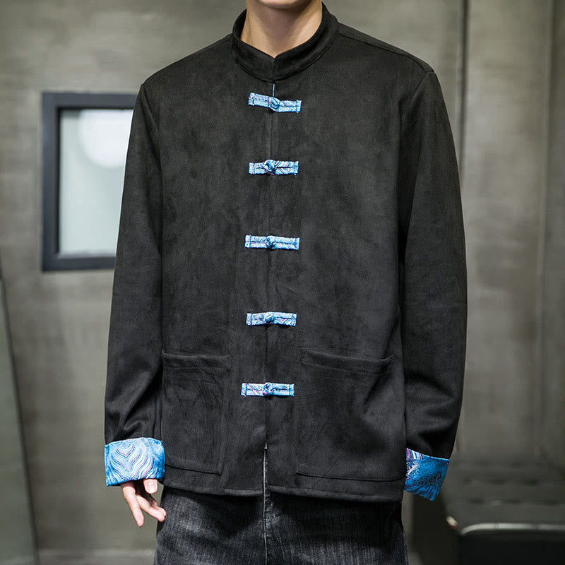 Veste en daim et coton à manches longues pour homme, motif vagues d'automne et Buddha Stones, avec poches et boutons grenouille - Noir - US/UK/AU42，EU52 (3XL) - image 14