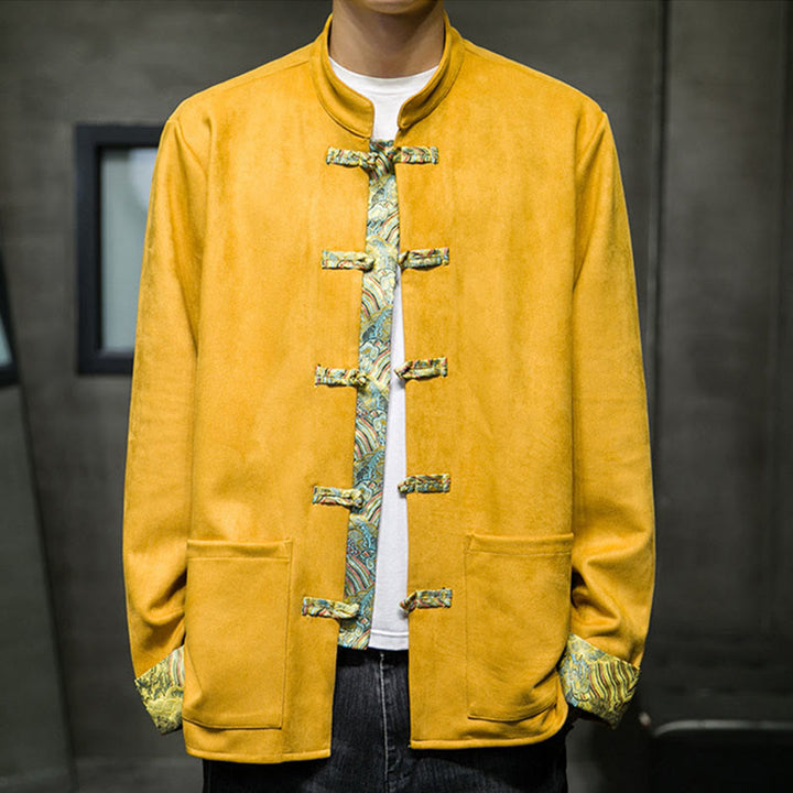 Veste en daim et coton à manches longues pour homme, motif vagues d'automne et Buddha Stones, avec poches et boutons grenouille - image 4