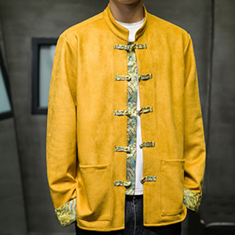 Veste en daim et coton à manches longues pour homme, motif vagues d'automne et Buddha Stones, avec poches et boutons grenouille - image 9