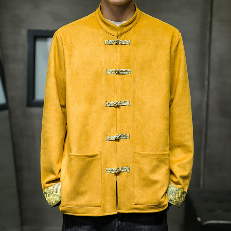 Veste en daim et coton à manches longues pour homme, motif vagues d'automne et Buddha Stones, avec poches et boutons grenouille - image 7