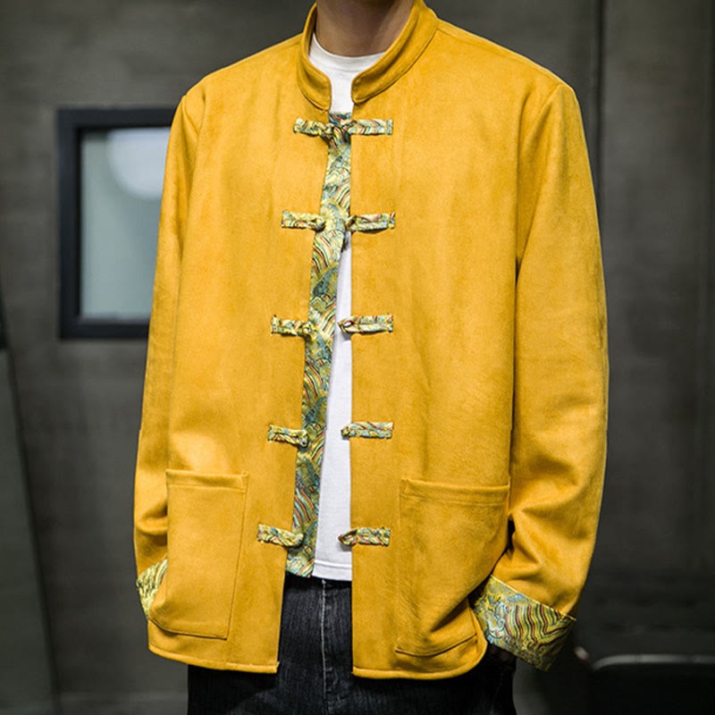 Veste en daim et coton à manches longues pour homme, motif vagues d'automne et Buddha Stones, avec poches et boutons grenouille - image 5