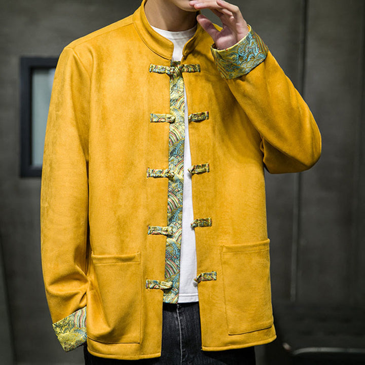 Veste en daim et coton à manches longues pour homme, motif vagues d'automne et Buddha Stones, avec poches et boutons grenouille - image 6