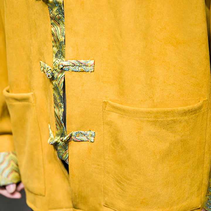 Veste en daim et coton à manches longues pour homme, motif vagues d'automne et Buddha Stones, avec poches et boutons grenouille - image 12