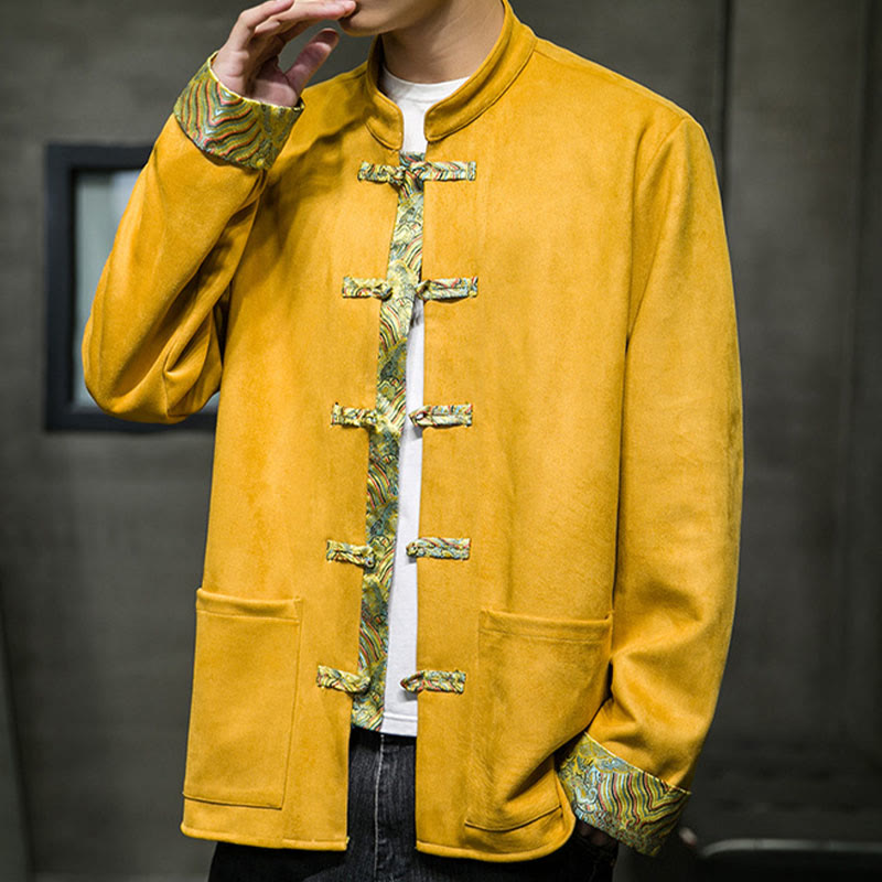 Veste en daim et coton à manches longues pour homme, motif vagues d'automne et Buddha Stones, avec poches et boutons grenouille - image 8