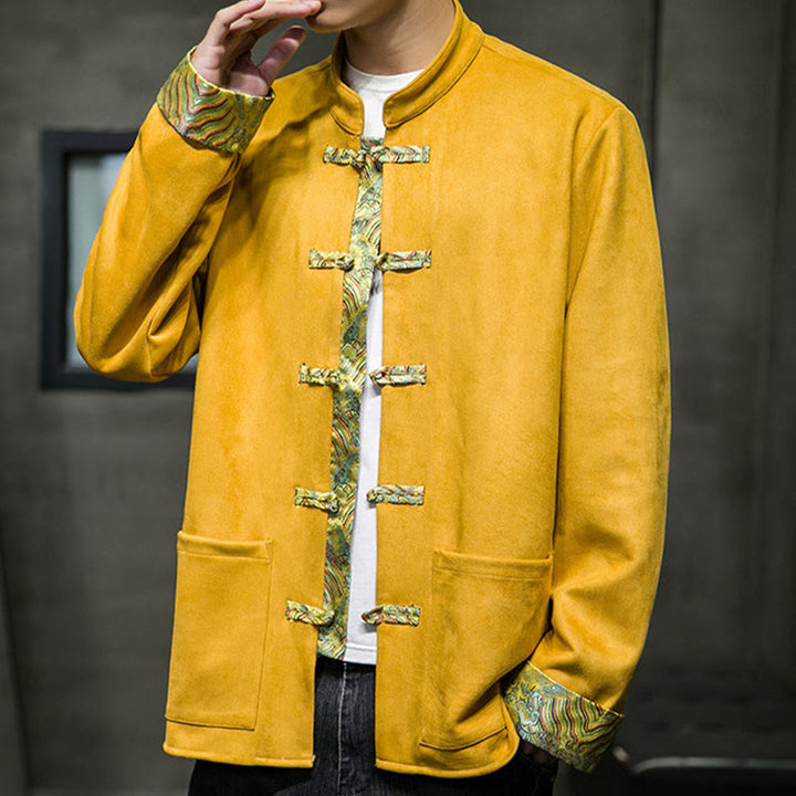 Veste en daim et coton à manches longues pour homme, motif vagues d'automne et Buddha Stones, avec poches et boutons grenouille - image 8